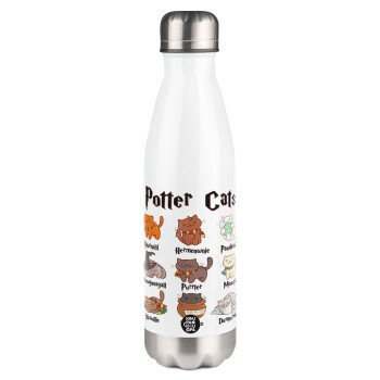 Potter Cats, Μεταλλικό παγούρι θερμός Λευκό (Stainless steel), διπλού τοιχώματος, 500ml