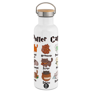 Potter Cats, Stainless steel White with wooden lid (bamboo), double wall, 750ml