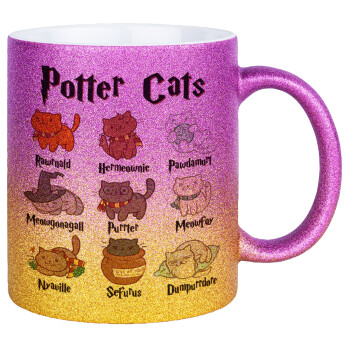 Potter Cats, Κούπα Χρυσή/Ροζ Glitter, κεραμική, 330ml