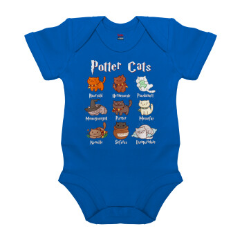 Potter Cats, Βρεφικό φορμάκι μωρού, Μπλε Κοβαλτίου, 100% Organic Cotton, κοντομάνικο