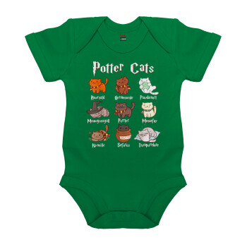 Potter Cats, Βρεφικό φορμάκι μωρού, ΠΡΑΣΙΝΟ, 100% Organic Cotton, κοντομάνικο