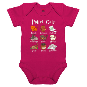 Potter Cats, Βρεφικό φορμάκι μωρού, 0-18 μηνών, ΡΟΖ, 100% Organic Cotton, κοντομάνικο