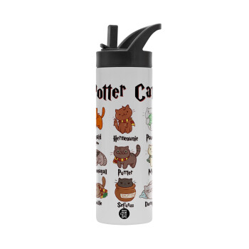 Potter Cats, Metallic thermos bottle with straw & handle, stainless steel (Stainless steel 304), double-walled, 600ml.