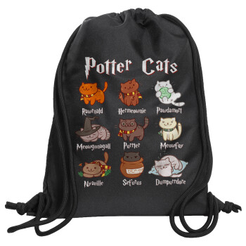 Potter Cats, Τσάντα πλάτης πουγκί GYMBAG Μαύρη, με τσέπη (40x48cm) & χονδρά κορδόνια