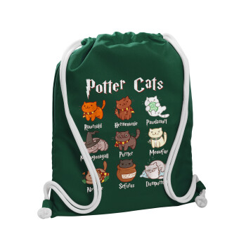 Potter Cats, Τσάντα πλάτης πουγκί GYMBAG BOTTLE GREEN, με τσέπη (40x48cm) & χονδρά λευκά κορδόνια