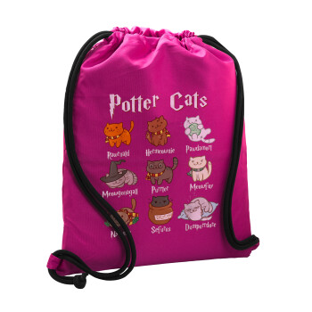 Potter Cats, Τσάντα πλάτης πουγκί GYMBAG Φούξια, με τσέπη (40x48cm) & χονδρά κορδόνια