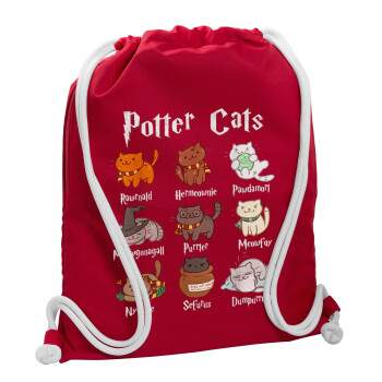 Potter Cats, Τσάντα πλάτης πουγκί GYMBAG Κόκκινη, με τσέπη (40x48cm) & χονδρά κορδόνια