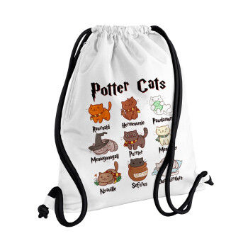 Potter Cats, Τσάντα πλάτης πουγκί GYMBAG λευκή, με τσέπη (40x48cm) & χονδρά κορδόνια