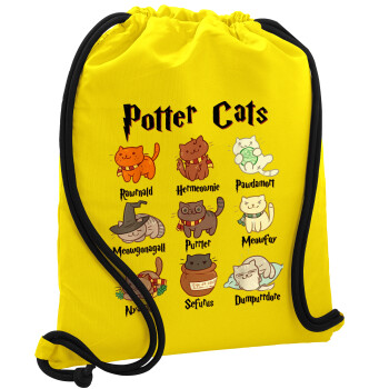 Potter Cats, Τσάντα πλάτης πουγκί GYMBAG Κίτρινη, με τσέπη (40x48cm) & χονδρά κορδόνια