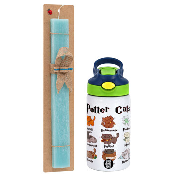 Potter Cats, Easter Set, Children's thermal stainless steel bottle with safety straw, green/blue (350ml) & aromatic flat Easter candle (30cm) (TURQUOISE)