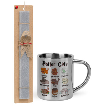 Potter Cats, Easter Set, metallic thermal cup (300ml) & Easter aromatic flat candle (30cm) (GRAY)