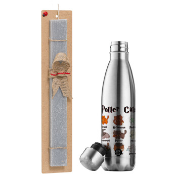 Potter Cats, Easter Set, metallic stainless thermos flask (500ml) & scented flat Easter candle (30cm) (GRAY)