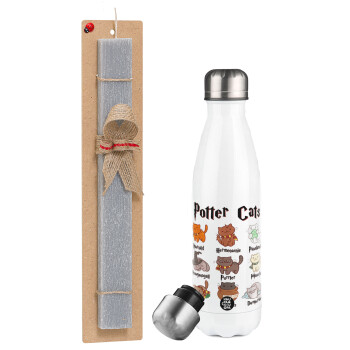 Potter Cats, Easter candle, metallic white thermos bottle (500ml) & aromatic flat candle (30cm) (GRAY)