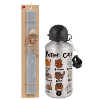 Potter Cats, Easter Set, metallic silver aluminum water bottle (500ml) & aromatic flat Easter candle (30cm) (GRAY)