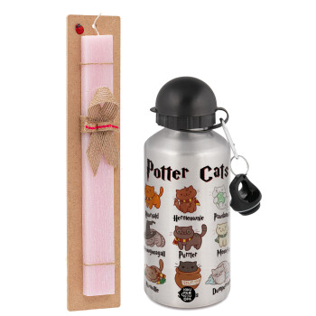 Potter Cats, Easter Set, metallic Silver aluminum water bottle (500ml) & scented flat Easter candle (30cm) (PINK)