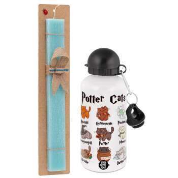 Potter Cats, Easter Set, metallic aluminum water bottle (500ml) & scented flat candle (30cm) (TURQUOISE)