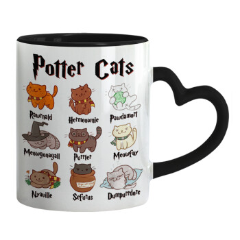 Potter Cats, Κούπα καρδιά χερούλι μαύρη, κεραμική, 330ml