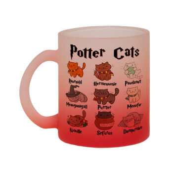 Potter Cats, Κούπα γυάλινη δίχρωμη με βάση το κόκκινο ματ, 330ml