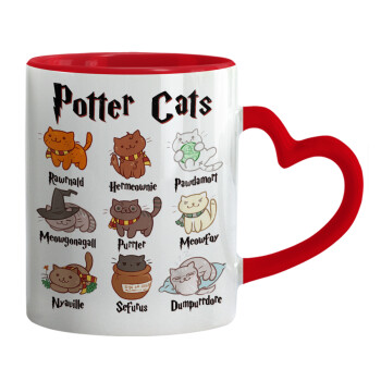 Potter Cats, Κούπα καρδιά χερούλι κόκκινη, κεραμική, 330ml