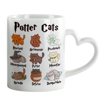 Potter Cats, Κούπα καρδιά χερούλι λευκή, κεραμική, 330ml