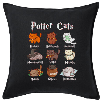 Potter Cats, Μαξιλάρι καναπέ Μαύρο 100% βαμβάκι, περιέχεται το γέμισμα (50x50cm)