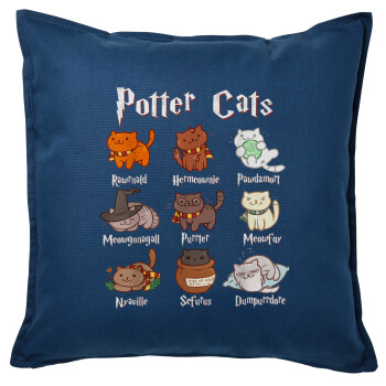 Potter Cats, Μαξιλάρι καναπέ Μπλε 100% βαμβάκι, περιέχεται το γέμισμα (50x50cm)