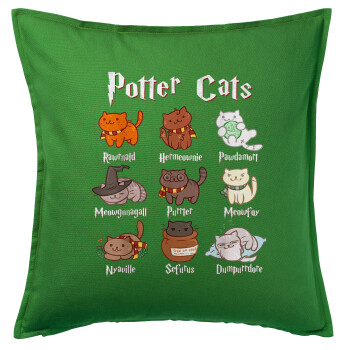 Potter Cats, Μαξιλάρι καναπέ Πράσινο 100% βαμβάκι, περιέχεται το γέμισμα (50x50cm)