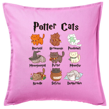 Potter Cats, Μαξιλάρι καναπέ ΡΟΖ 100% βαμβάκι, περιέχεται το γέμισμα (50x50cm)