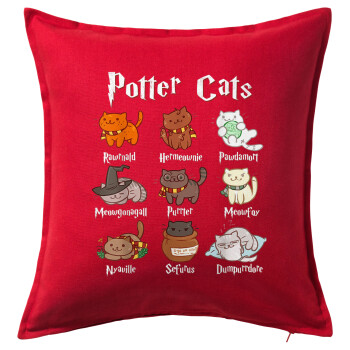 Potter Cats, Μαξιλάρι καναπέ Κόκκινο 100% βαμβάκι, περιέχεται το γέμισμα (50x50cm)