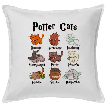 Potter Cats, Μαξιλάρι καναπέ ΛΕΥΚΟ 100% βαμβάκι, περιέχεται το γέμισμα (50x50cm)