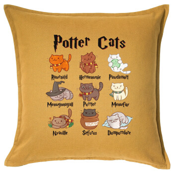 Potter Cats, Μαξιλάρι καναπέ Κίτρινο 100% βαμβάκι, περιέχεται το γέμισμα (50x50cm)