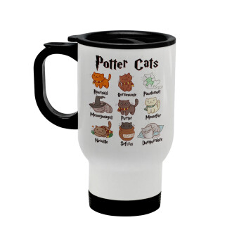 Potter Cats, Κούπα ταξιδιού ανοξείδωτη με καπάκι, διπλού τοιχώματος (θερμό) λευκή 450ml