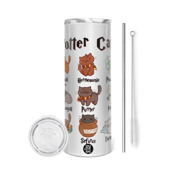 Potter Cats, Tumbler ποτήρι θερμό από ανοξείδωτο ατσάλι 600ml, με μεταλλικό καλαμάκι & βούρτσα καθαρισμού