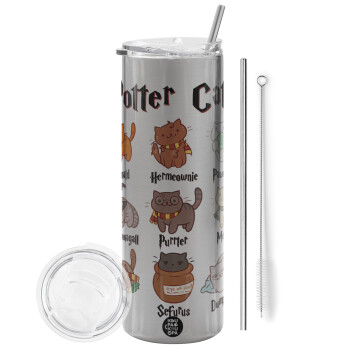 Potter Cats, Eco friendly stainless steel Silver tumbler 600ml, with metal straw & cleaning brush