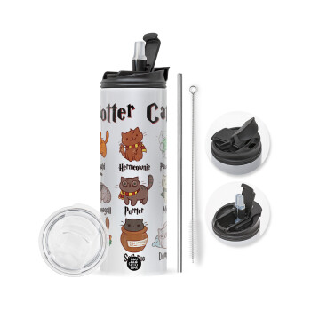 Potter Cats, Travel Tumbler 2 Lids, with metal straw & cleaning brush (Stainless steel 304 Food grade, BPA free, 600ml)