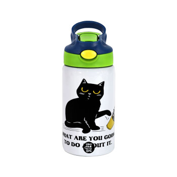 CAT, what are you going to do about it!, Children's hot water bottle, stainless steel, with safety straw, green, blue (350ml)