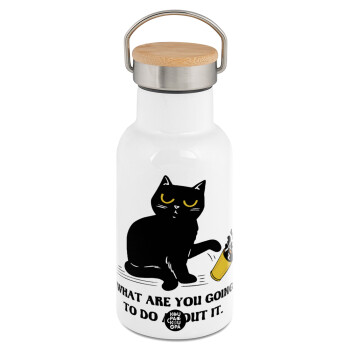 CAT, what are you going to do about it!, Metallic thermos (Stainless steel) White with wooden lid (bamboo), double-walled, 350ml