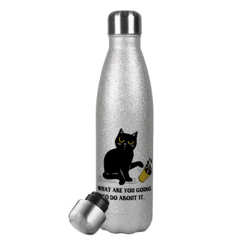 CAT, what are you going to do about it!, Μεταλλικό παγούρι θερμός Glitter Aσημένιο (Stainless steel), διπλού τοιχώματος, 500ml