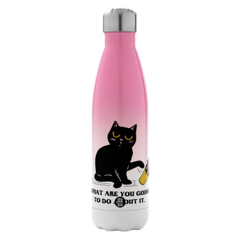 CAT, what are you going to do about it!, Metal mug thermos Pink/White (Stainless steel), double wall, 500ml