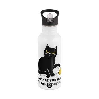 CAT, what are you going to do about it!, White water bottle with straw, stainless steel 600ml