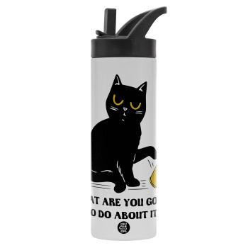 CAT, what are you going to do about it!, Metallic thermos bottle with straw & handle, stainless steel (Stainless steel 304), double-walled, 600ml.