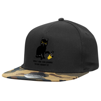 CAT, what are you going to do about it!, Adult Flat Snapback Hat Black/Camouflage, (100% COTTON TWILL, ADULT, UNISEX, ONE SIZE)