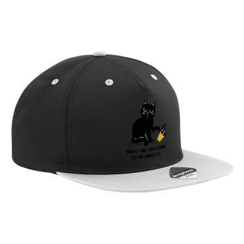 CAT, what are you going to do about it!, Adult Flat Snapback Hat Black/Grey, (100% COTTON TWILL, ADULT, UNISEX, ONE SIZE)