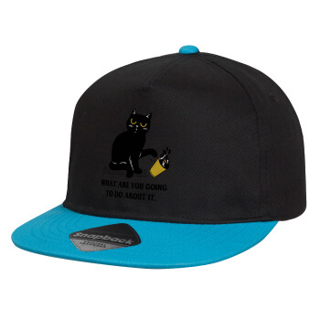 CAT, what are you going to do about it!, Καπέλο παιδικό Flat Snapback, Μαύρο/Μπλε (100% ΒΑΜΒΑΚΕΡΟ, ΠΑΙΔΙΚΟ, UNISEX, ONE SIZE)