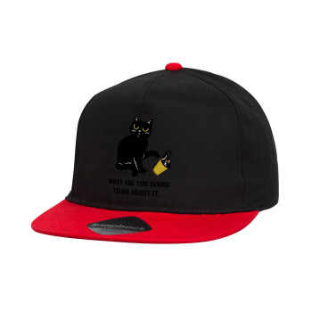 CAT, what are you going to do about it!, Καπέλο παιδικό Flat Snapback, Μαύρο/Κόκκινο (100% ΒΑΜΒΑΚΕΡΟ, ΠΑΙΔΙΚΟ, UNISEX, ONE SIZE)