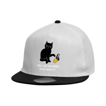 CAT, what are you going to do about it!, Καπέλο παιδικό Flat Snapback, Λευκό (100% ΒΑΜΒΑΚΕΡΟ, ΠΑΙΔΙΚΟ, UNISEX, ONE SIZE)