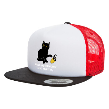 CAT, what are you going to do about it!, Adult Foam Flat Snapback with Mesh Black-White-Red (POLYESTER, ADULT, UNISEX, ONE SIZE)