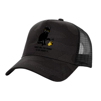 CAT, what are you going to do about it!, Adult Structured Trucker Hat, with Mesh, Dark Army (100% COTTON, ADULT, UNISEX, ONE SIZE)