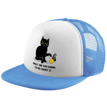 CAT, what are you going to do about it!, Καπέλο παιδικό Soft Trucker με Δίχτυ ΓΑΛΑΖΙΟ/ΛΕΥΚΟ (POLYESTER, ΠΑΙΔΙΚΟ, ONE SIZE)