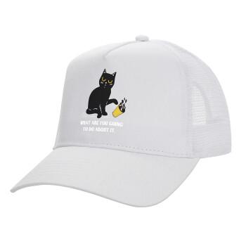 CAT, what are you going to do about it!, Structured Trucker Adult Hat, with Mesh, WHITE (100% COTTON, ADULT, UNISEX, ONE SIZE)